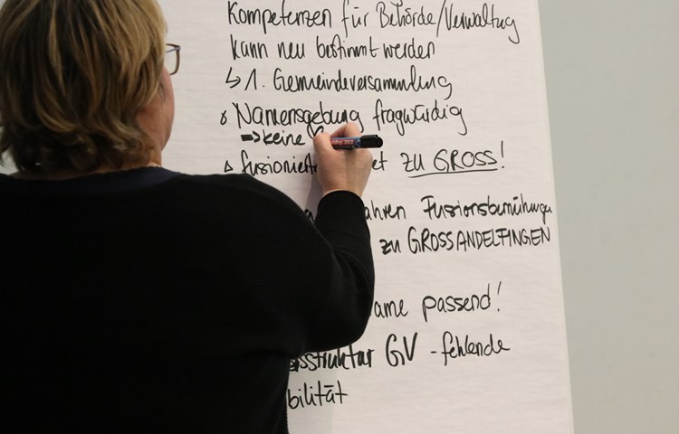 Was spricht für, was gegen eine Fusion? In den Bevölkerungsworkshops wird diskutiert und notiert. Was spricht für, was gegen eine Fusion? In den Bevölkerungsworkshops wird diskutiert und notiert.