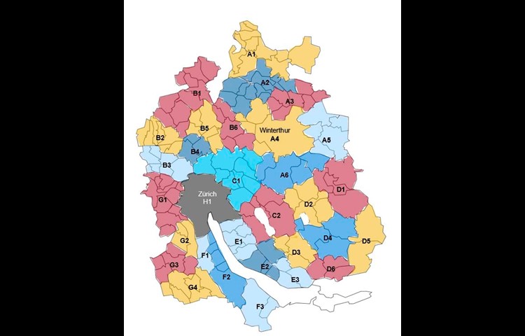 In einem Szenario mit 31 Räumen würde Andelfingen zur Region A gehören. Der Buchstabe steht für eine der acht Regionen, die Zahl für den Raum.