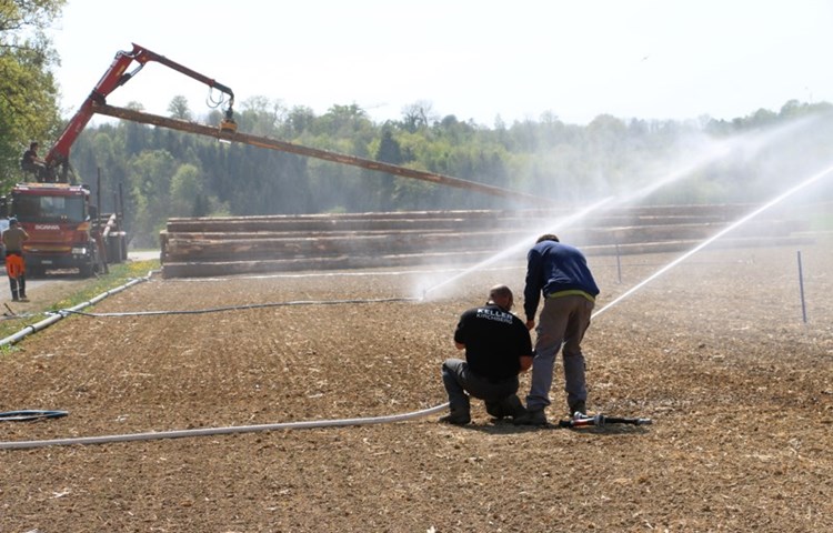Bis das Thurwasser wie gewünscht aufs Feld spritzte, dauerte es eine Weile. Unterdessen wurde bereits die zweite Ladung Langholz angeliefert. Bis das Thurwasser wie gewünscht aufs Feld spritzte, dauerte es eine Weile. Unterdessen wurde bereits die zweite Ladung Langholz angeliefert.