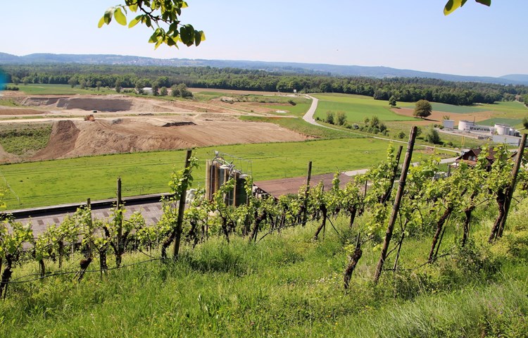 Blick von der Laubere auf Niedermarthalen mit der Kläranlage und die Niederwiesen, in denen Kies abgebaut wurde und wird. Blick von der Laubere auf Niedermarthalen mit der Kläranlage und die Niederwiesen, in denen Kies abgebaut wurde und wird.