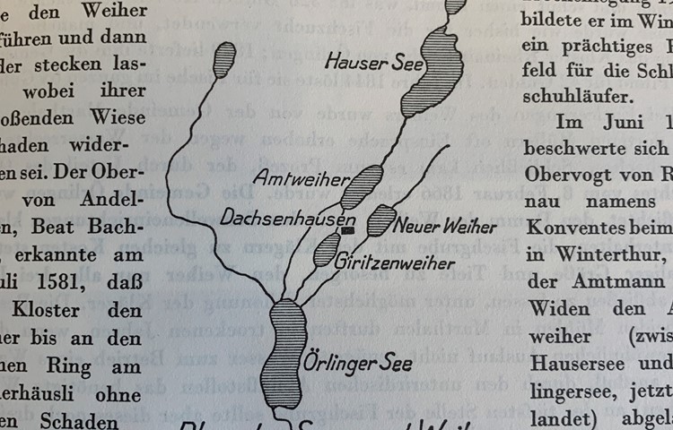 Diese Karte zeigt die Lage und Grösse der Seen und Weiher bei Ossingen im Jahr 1667. Klicken Sie auf das Bild, um es zu vergrössern. Diese Karte zeigt die Lage und Grösse der Seen und Weiher bei Ossingen im Jahr 1667. Klicken Sie auf das Bild, um es zu vergrössern.