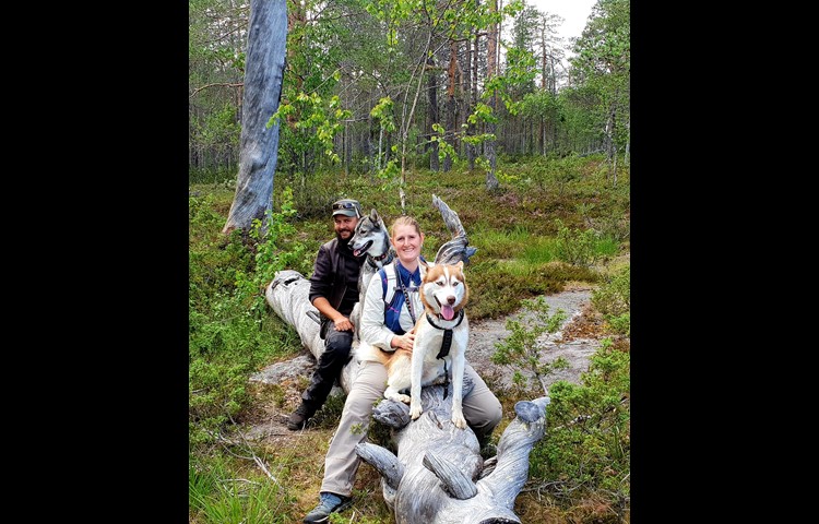 Michael Raschle und Manuela Steinmann mit zwei ihrer elf Huskys in ihrer zukünftigen Heimat in Lappland.