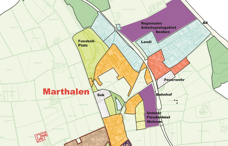 Die violetten Flächen fürs Wohnen und Arbeiten sollen kurz- bis langfristig eingezont werden können. Die grüne Fläche zwischen Sek und Öliweiher könnte Ersatz sein für den Fussballplatz Schilling. Die violetten Flächen fürs Wohnen und Arbeiten sollen kurz- bis langfristig eingezont werden können. Die grüne Fläche zwischen Sek und Öliweiher könnte Ersatz sein für den Fussballplatz Schilling.