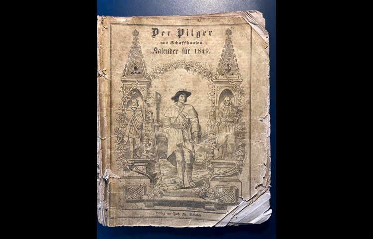 "Der Pilger aus Schaffhausen": Die Bilder 1 bis 5 zeigen Seiten des Jahrgangs 1849. Die meisten Illustrationen – durchwegs Stiche – sind signiert mit "Spalinger".