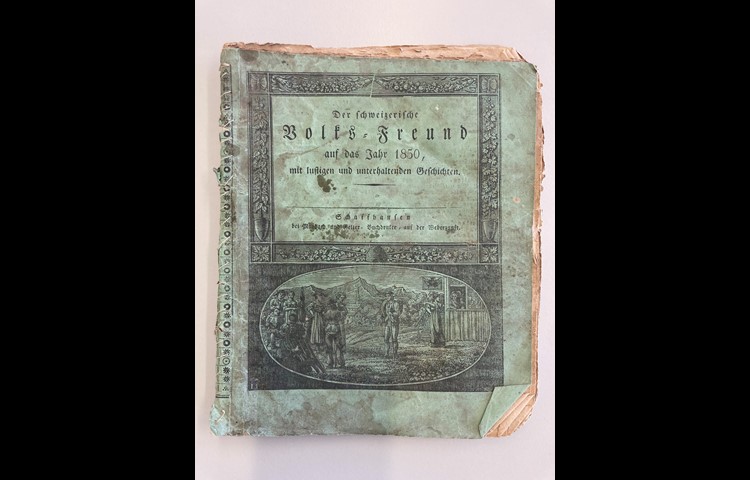 "Der Schweizerische Volksfreund auf das Jahr 1850", Murbach und Gelzer, Schaffhausen: Bild 1 zeigt die von Hand mit Faden geflickte Heftung.