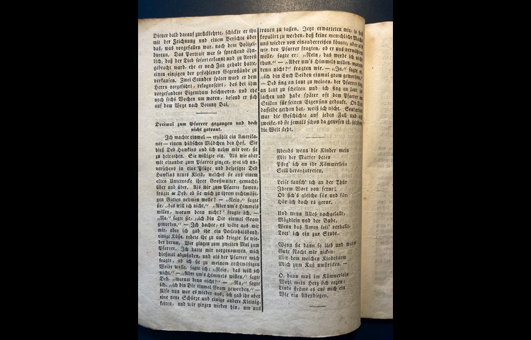 "Der lustige Schweizer auf das Jahr 1861", Ziegler'sche Buchdruckerei, Schaffhausen: Die Bilder 1 bis 4 sind typische Beispiele für den familientauglichen Humor und Unterhaltungsanspruch der Volkskalender, samt illustriertem Abendgedicht.