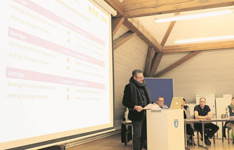 Gemeindepräsident Marcel Meisterhans erklärt den Stimmberechtigten, in welchem Fall das vorliegende Projekt weiterverfolgt werden kann. Dies ist der Fall, wenn die Politischen Gemeinden und die Schulgemeinden Ja sagen (Szenario 1). Sagen nur die Schulgemeinden Ja (Szenario 2), können diese Fusionsverhandlungen führen, sagen nur die Politischen Gemeinden Ja (Szenario 3), ist das Projekt gestorben. Gemeindepräsident Marcel Meisterhans erklärt den Stimmberechtigten, in welchem Fall das vorliegende Projekt weiterverfolgt werden kann. Dies ist der Fall, wenn die Politischen Gemeinden und die Schulgemeinden Ja sagen (Szenario 1). Sagen nur die Schulgemeinden Ja (Szenario 2), können diese Fusionsverhandlungen führen, sagen nur die Politischen Gemeinden Ja (Szenario 3), ist das Projekt gestorben.