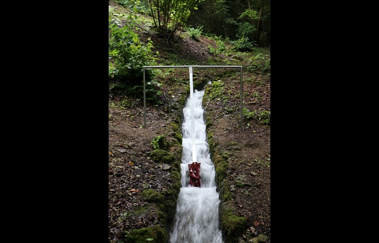 «Handschuh» von Roman Signer im Tobel des Schlossparks Andelfingen.