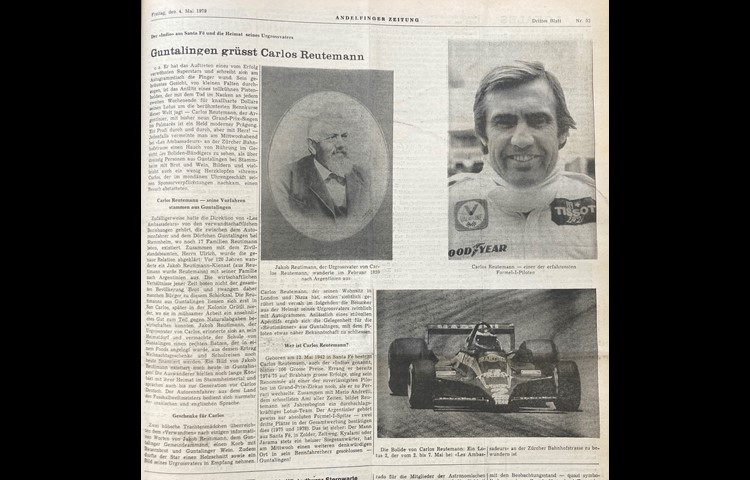 Die «Andelfinger Zeitung» vom 4. Mai 1979 kombinierte den ersten von zwei Berichten über den Zürcher Besuch von Carlos Reutemann noch mit Agenturfotos.