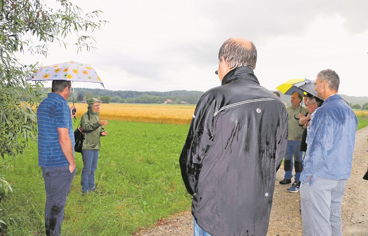 Beatrice Peter zeigte den Landwirten Biodiversitätsmassnahmen, die in den Flaacher Feldern getroffen wurden. Beatrice Peter zeigte den Landwirten Biodiversitätsmassnahmen, die in den Flaacher Feldern getroffen wurden.