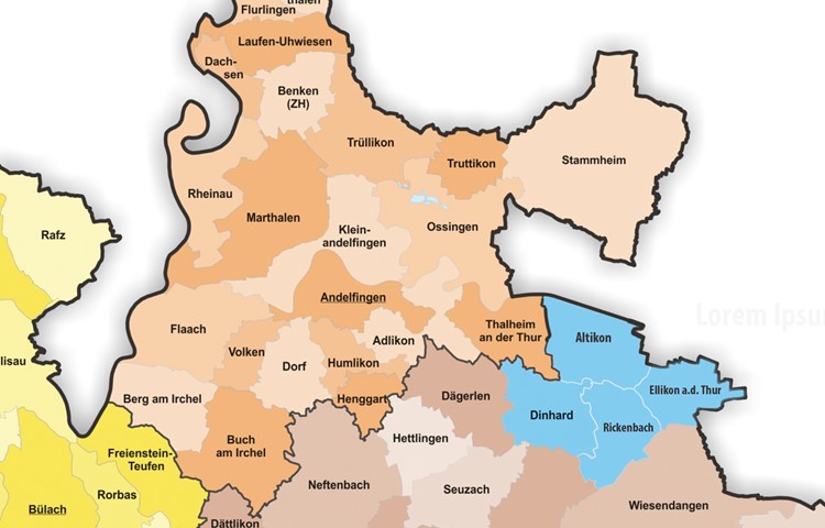 Altikon, Dinhard, Ellikon an der Thur und Rickenbach sind die vier ADER-Gemeinden (blau eingefärbt). Altikon, Dinhard, Ellikon an der Thur und Rickenbach sind die vier ADER-Gemeinden (blau eingefärbt).