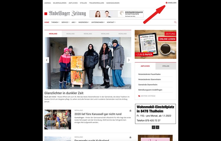 1. Zunächst www.andelfinger.ch aufrufen. 2. Oben rechts auf «Anmelden» klicken. 3. Schritte befolgen, um Passwort zurückzusetzen (Sicherheitsmassnahme). 4. Auf der Website neu anmelden.