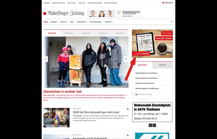 5. Mit einem Klick auf den Schriftzug «Andelfinger Zeitung» gelangen Sie zurück auf die Startseite. Dort rechts auf «Zum E-Paper» klicken (im Bild mit der Kaffeetasse und dem Tablet).