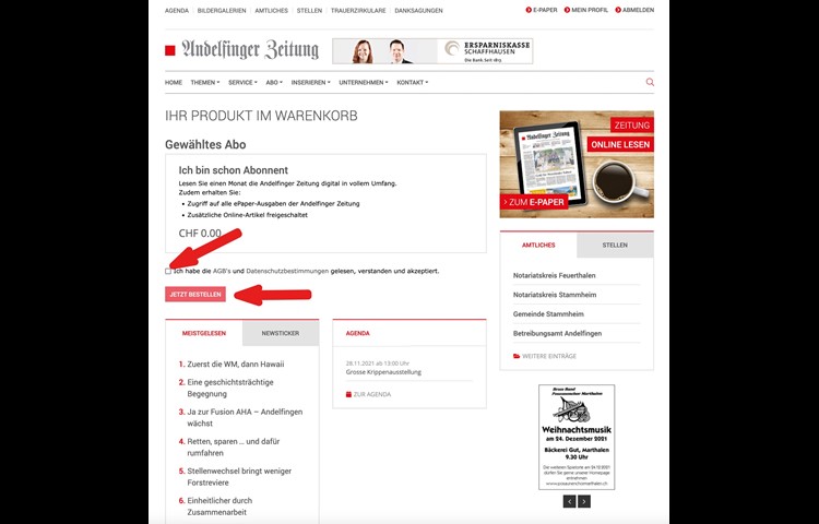 9. AGBs akzeptieren und das Abo «bestellen».