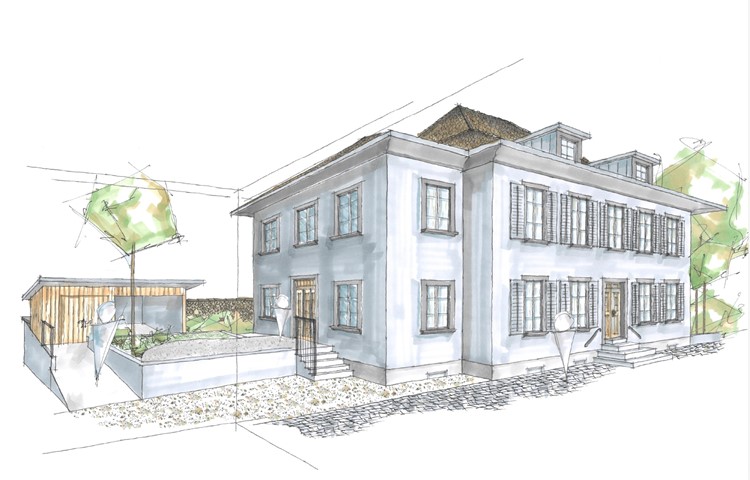 Eine Visualisierung des sanierten Pfarrhauses mit dem externen Treppenhaus im Anbau und einem grossen Schopf für Fahrräder und Gartenmaterialien. Eine Visualisierung des sanierten Pfarrhauses mit dem externen Treppenhaus im Anbau und einem grossen Schopf für Fahrräder und Gartenmaterialien.