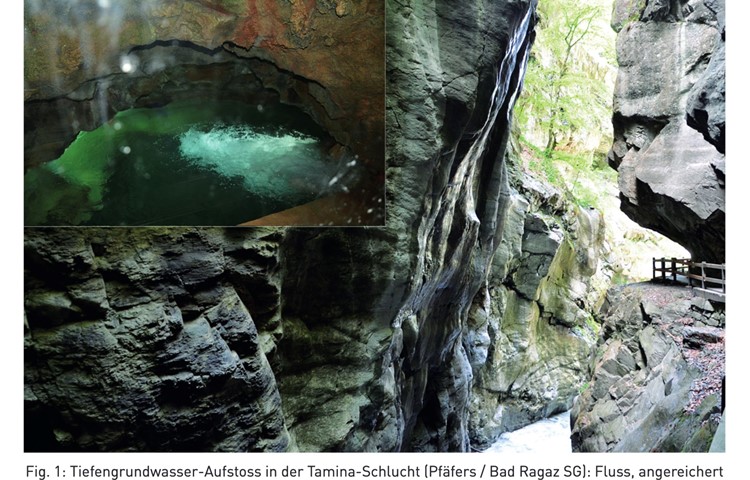 Tiefengrundwasser kennen und nutzen wir alle: In Thermalbädern und natürlichen Aufstössen wie der Taminaschlucht (Bilder aus der Studie von Hans Burger (2016), nachzulesen unter https://hydrogeo.ch). Tiefengrundwasser kennen und nutzen wir alle: In Thermalbädern und natürlichen Aufstössen wie der Taminaschlucht (Bilder aus der Studie von Hans Burger (2016), nachzulesen unter https://hydrogeo.ch).