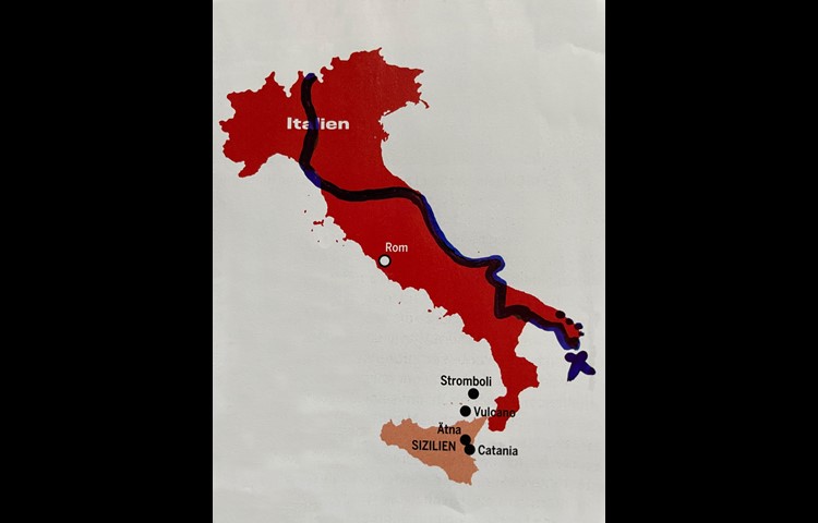 Die Route von Oberneunforn nach Santa Maria di Leuca (Kreuz) und zurück nach Brindisi (gepunktet).