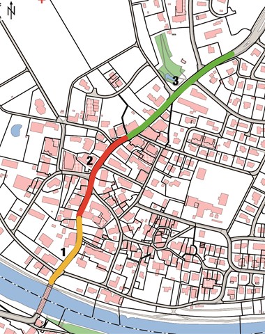 Die Schaffhauserstrasse von der Thurbrücke bis zum Hirstighof. Abschnitt 1 und 2 erhalten einen leisen, Abschnitt 3 einen besonders leisen Belag. In Abschnitt 2 vom Altersheim bis zur Bäckerei ist eine Temporeduktion vorgeschlagen.