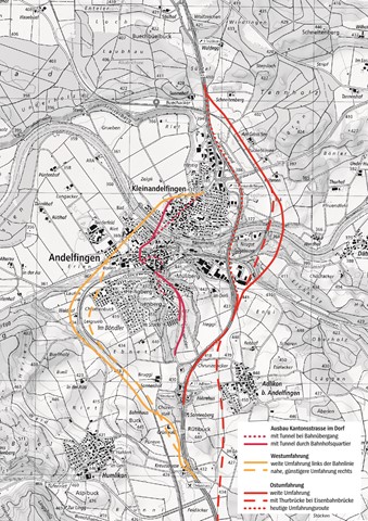 Die Umfahrungsprojekte von 1938 bis 1958. Bei einem Ausbau der Kantonsstrasse im Dorf (rosa) hätten zahlreiche Gebäude weichen müssen (siehe auch nachfolgend Situationsplan für die Thurbrücke). Die westlichen Umfahrungen (gelb) wurden aufgrund des dort weiten Thurtals verworfen, die östliche Umfahrung D (rot) setzte sich durch. Die Umfahrungsprojekte von 1938 bis 1958. Bei einem Ausbau der Kantonsstrasse im Dorf (rosa) hätten zahlreiche Gebäude weichen müssen (siehe auch nachfolgend Situationsplan für die Thurbrücke). Die westlichen Umfahrungen (gelb) wurden aufgrund des dort weiten Thurtals verworfen, die östliche Umfahrung D (rot) setzte sich durch.