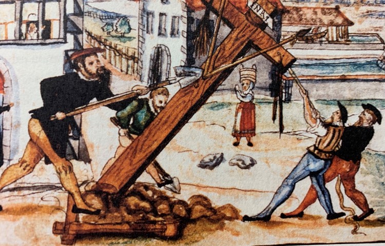 «Der aus dem Gefängnis entlassene Laurenz Hochrütener trifft sich mit Klaus Hottinger und Hans Oggenfuss. Gemeinsam schlagen sie das Kreuz im Stadelhofen um.» (Aus Heinrich Thomann, Abschrift von Bullingers Reformationschronik, 1605). «Der aus dem Gefängnis entlassene Laurenz Hochrütener trifft sich mit Klaus Hottinger und Hans Oggenfuss. Gemeinsam schlagen sie das Kreuz im Stadelhofen um.» (Aus Heinrich Thomann, Abschrift von Bullingers Reformationschronik, 1605).