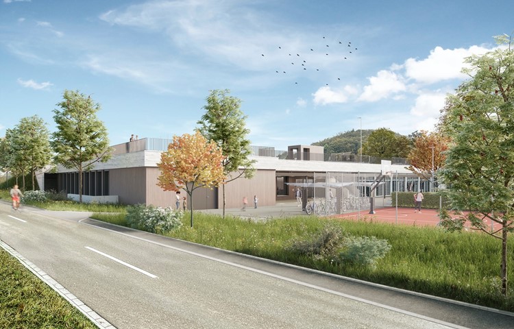 Der geplante Neubau der Turnhalle beim Sekschulhaus Uhwiesen aus Sicht der Lauferstrasse. Der asphaltierte Pausenplatz weicht einem Tartan-Spielfeld. Auch soll der gesamte Platz mit mehr Grünflächen punkten können. Der geplante Neubau der Turnhalle beim Sekschulhaus Uhwiesen aus Sicht der Lauferstrasse. Der asphaltierte Pausenplatz weicht einem Tartan-Spielfeld. Auch soll der gesamte Platz mit mehr Grünflächen punkten können.