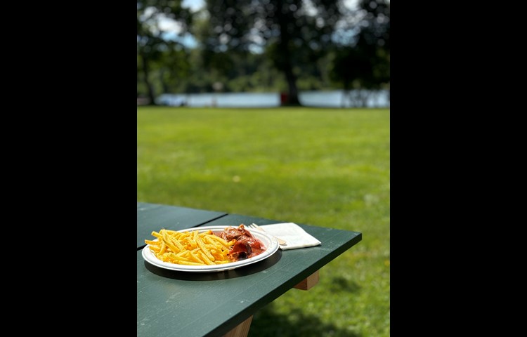 Bratwurst mit hausgemachter Curry­sauce im Lido Büsingen.