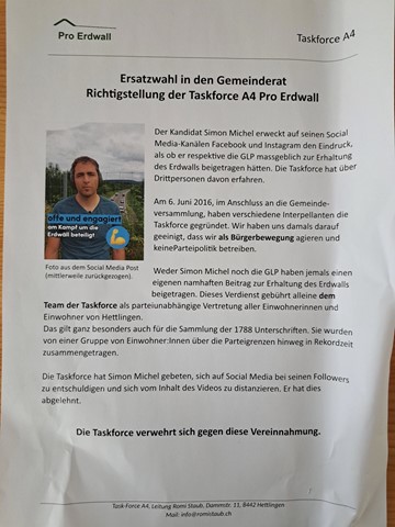 Das Flugblatt der Taskforce A4 Pro Erdwall, das in der Nacht auf MIttwoch verteilt wurde. Das Flugblatt der Taskforce A4 Pro Erdwall, das in der Nacht auf MIttwoch verteilt wurde.