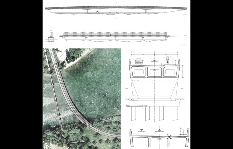 "Blatt und Stachel": Motorisierter und Langsamverkehr werden getrennt. Durch die Verschiebung der Linienführung mit neuen Pfeilern wäre auf den bestehenden Pfeilern eine Radwegbrücke entstanden. (nicht zum Wettbewerb zugelassen)