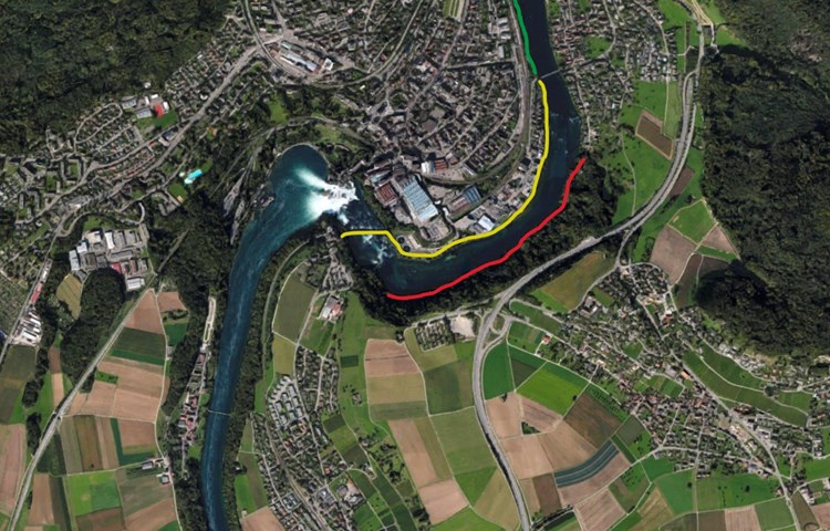 Drei Dachsemer möchten mit einer Petition erreichen, dass der Fussweg vom Rheinfall bis zum Flurlingersteg (gelb) zu Randzeiten auch für Velofahrer geöffnet wird. Drei Dachsemer möchten mit einer Petition erreichen, dass der Fussweg vom Rheinfall bis zum Flurlingersteg (gelb) zu Randzeiten auch für Velofahrer geöffnet wird.