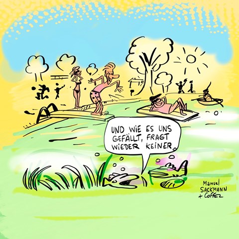 Die Menschen springen in Scharen ins Wasser. Ob die Fische sich über die hohen Temperaturen und die vielen Schwimmer auch so freuen?