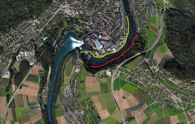 Der Weg von Flurlingen an den Rheinfall (rot) ist seit dem Hangrutsch 2018 gesperrt. Drei Dachsemer hatten deshalb eine Petition lanciert, dass als Alternative die Route vom Schloss Laufen über die Rheinfallbrücke (gelb) zeitweise für Velofahrer geöffnet würde. Der Weg von Flurlingen an den Rheinfall (rot) ist seit dem Hangrutsch 2018 gesperrt. Drei Dachsemer hatten deshalb eine Petition lanciert, dass als Alternative die Route vom Schloss Laufen über die Rheinfallbrücke (gelb) zeitweise für Velofahrer geöffnet würde.