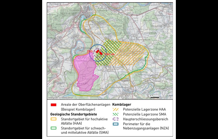 Rosa das vom Kanton aufgegleiste Grundwasserschutzareal, grün-gelb schraffiert die potenzielle Lageranordnung im Untergrund, eingekreist der potenzielle Radius für die Oberflächenanlagen.