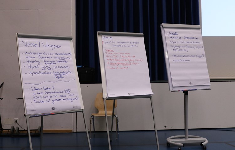 Namen und Wappen der neuen Gemeinde wurden an den ersten Workshops im April diskutiert. Namen und Wappen der neuen Gemeinde wurden an den ersten Workshops im April diskutiert.